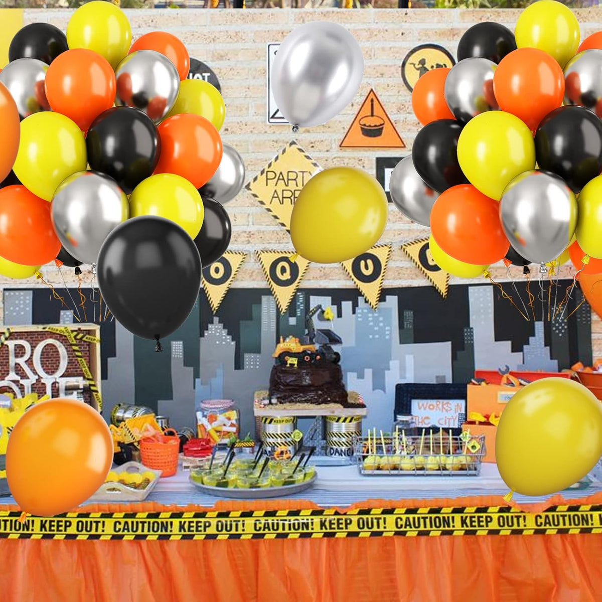 Paready Black Orange Yellow Balloons, 60 Pcs 12 Inch Orange Black Yellow and Metallic Silver