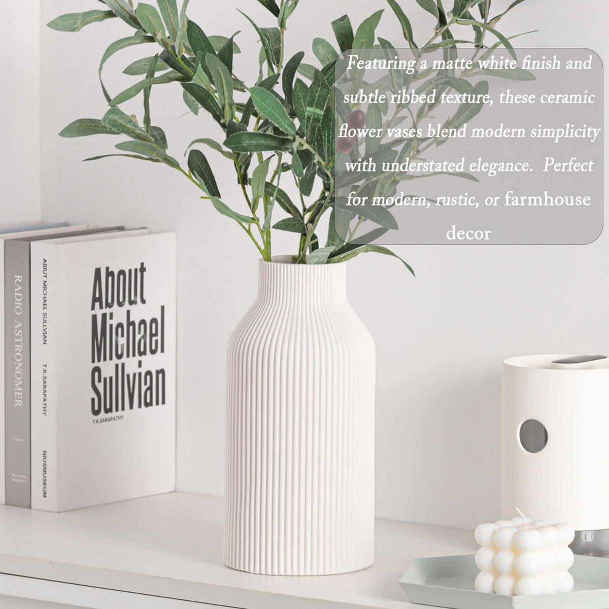 10 Inch White Ceramic Vase for Decor,Minimalist Modern Home Decorative Large Flower Vase for Pampas