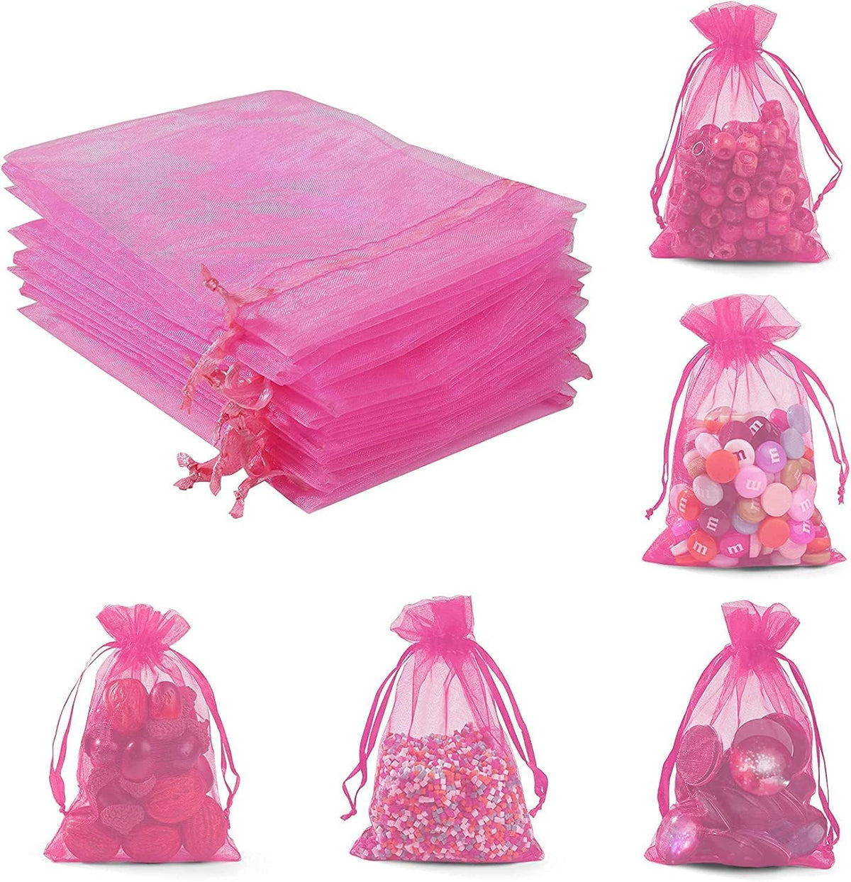 ANZNKU 50 Pack Hot Pink Organza Bags 4 x 6 inch Premium Sheer Drawstring Small Mesh Bags for Candy