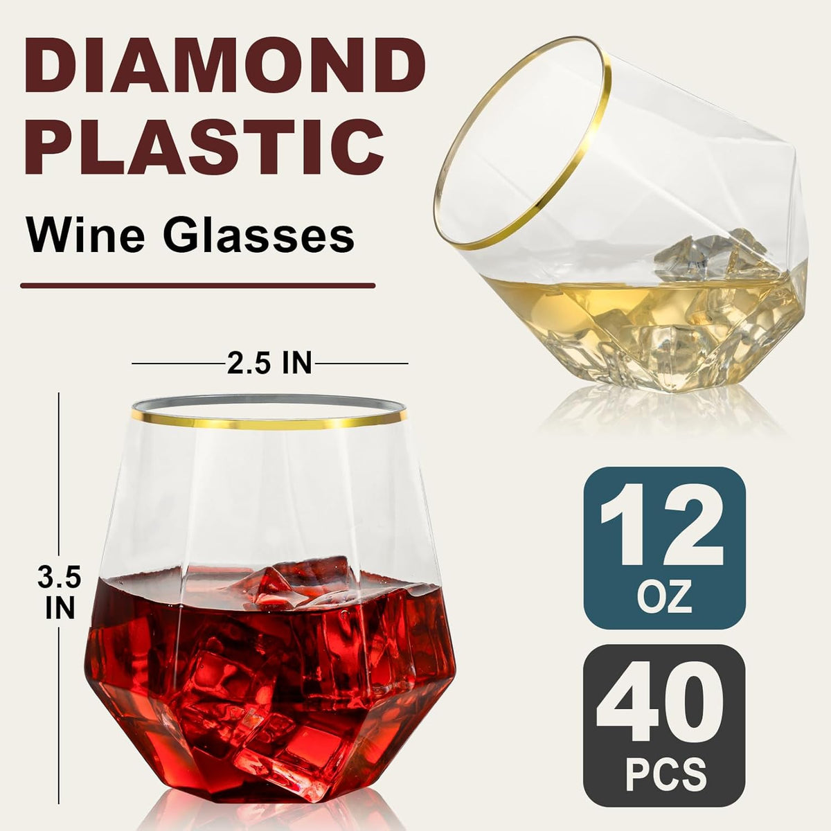 Goodluck 40 PCS Diamond Stemless Plastic Wine Whiskey Glasses, 12 Oz Disposable Cocktail Glasses