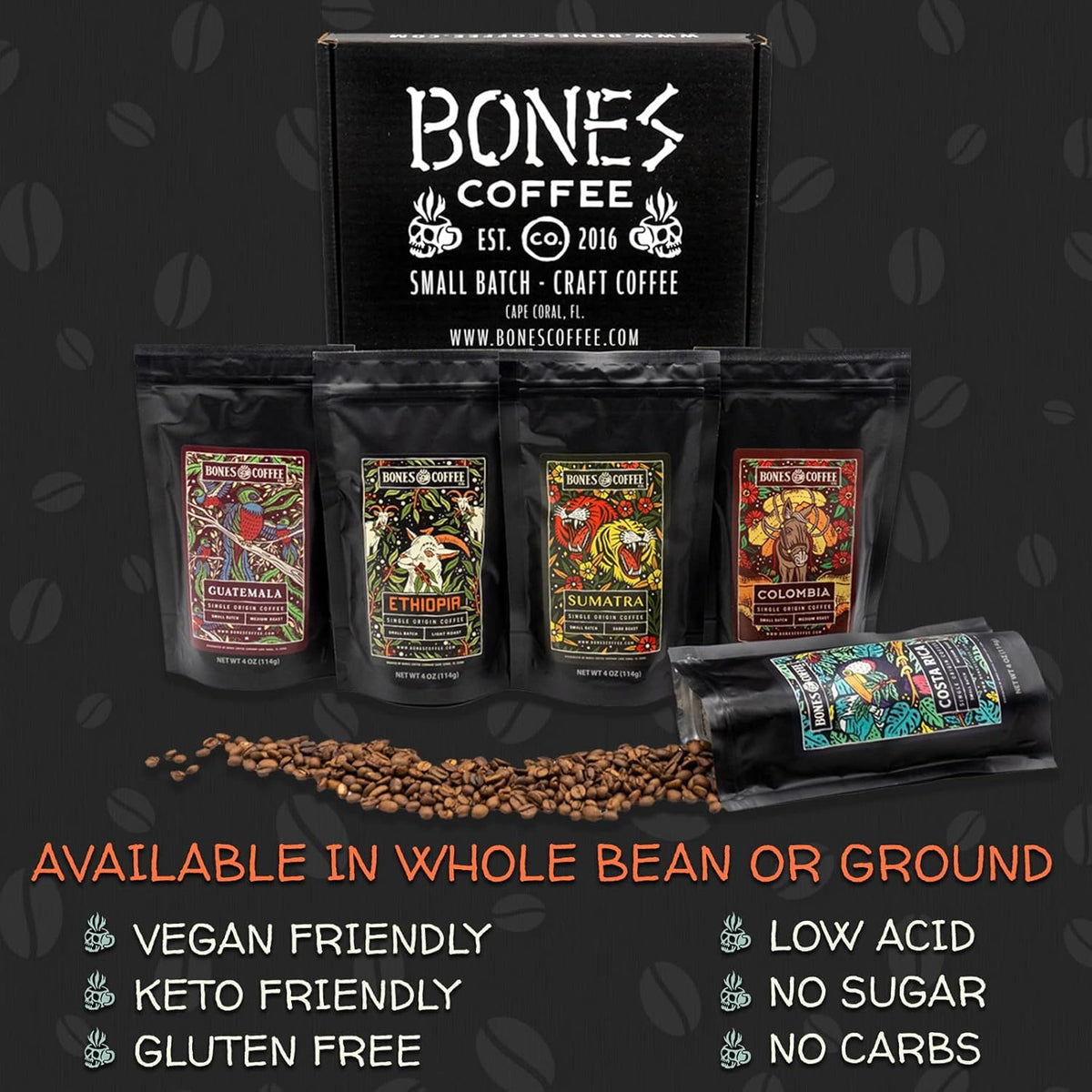 Bones Coffee Company NEW World Tour Sample Pack, Single-Origin Flavored Coffee Medium Roast Arabica