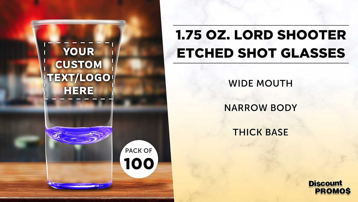 Custom 2 oz. Lord Shooter Etched Shot Glasses, 100 pack, Personalized Text, Logo, 21st Birthday