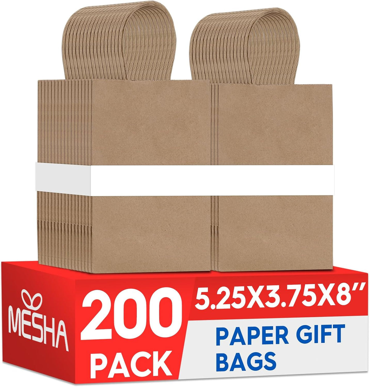 MESHA Kraft Gift Bags 200 Pack 5.25x3.75x8 Inch Small Brown Paper Bags with Handles Bulk for Small