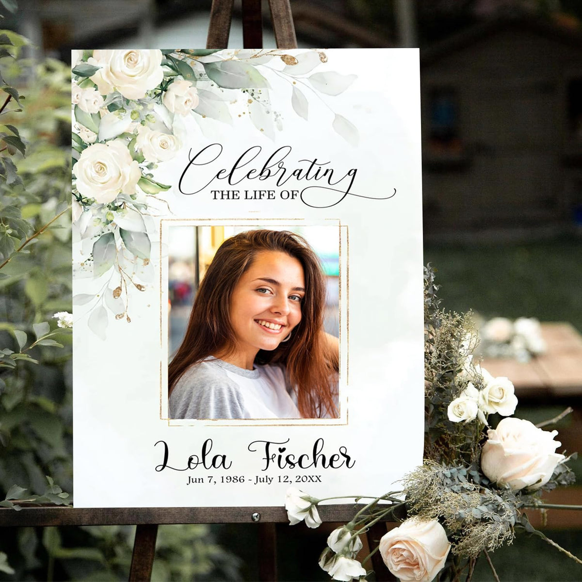 Funeral Welcome Sign with Photo, White Greenery Funeral Welcome Sign, Celebration of Life