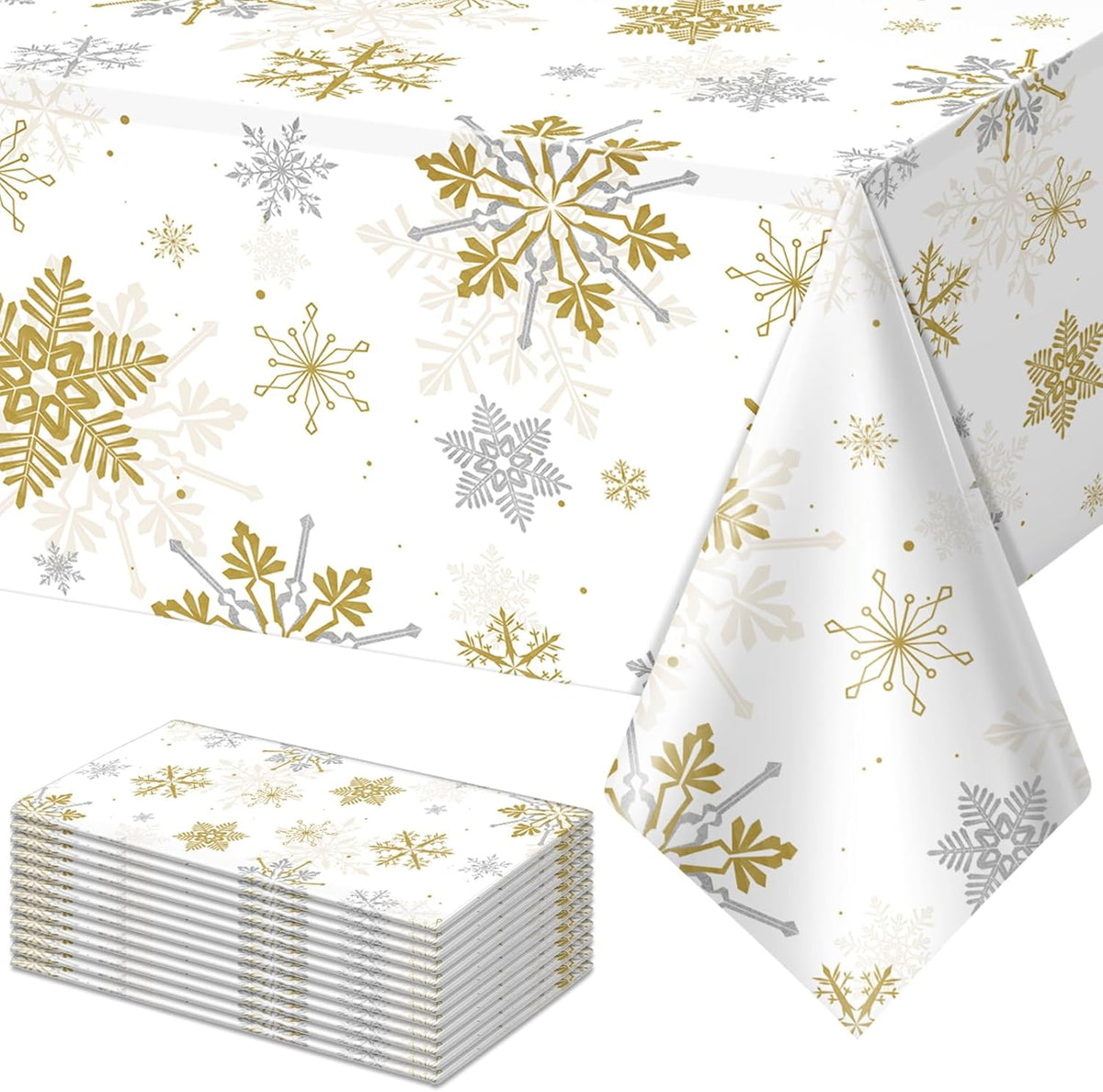 12Pcs Christmas Snowflake Party Tablecloths Decorations,Plastic White and Gold Table Cloth,Winter