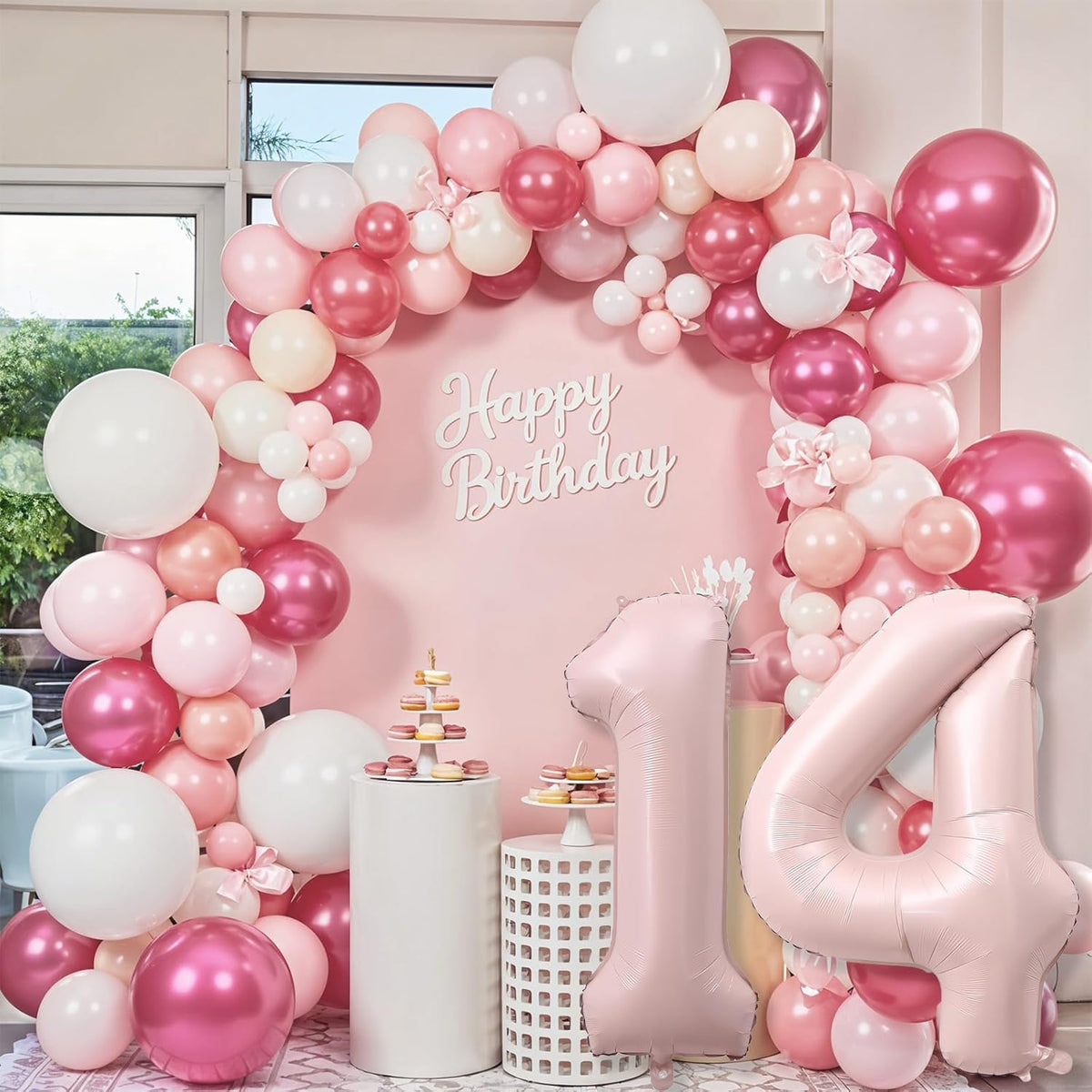 Light Pink 14th Birthday Balloon for Girls, 40'' Self Inflating Mylar Number 14 Balloons, Big Blush