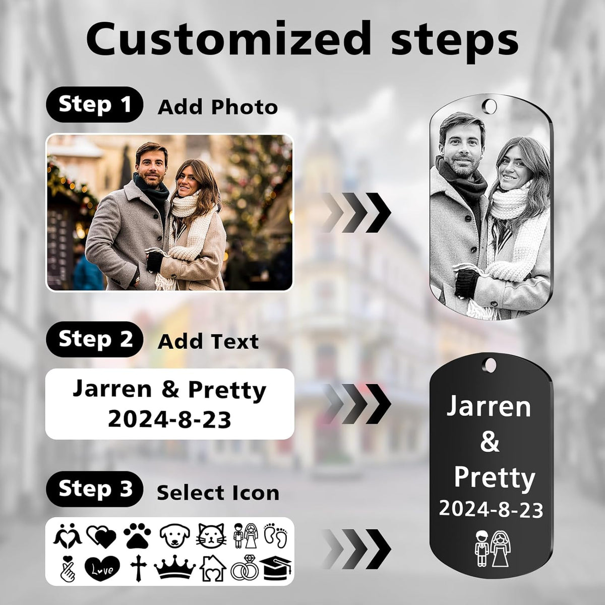 Personalized Keychain with Engraved Photo & Text Customized Custom Gift for Boyfriend, Girlfriend