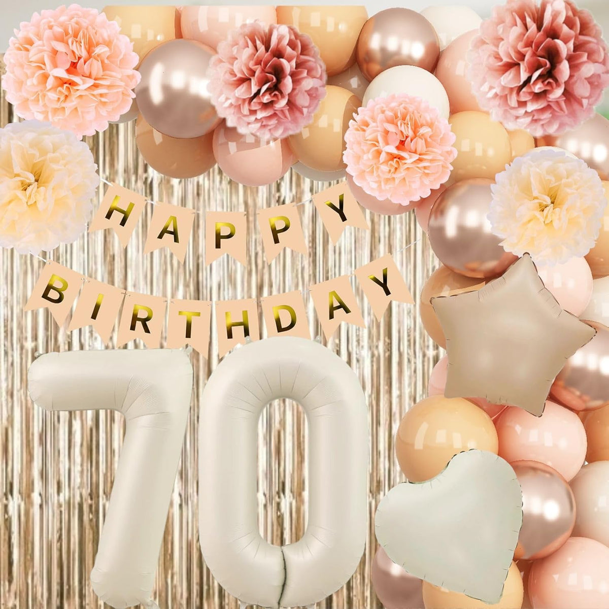 Beige 70th Birthday Decorations for Women Cream Number 70 Balloon Nude Gold Happy Birthday Banner