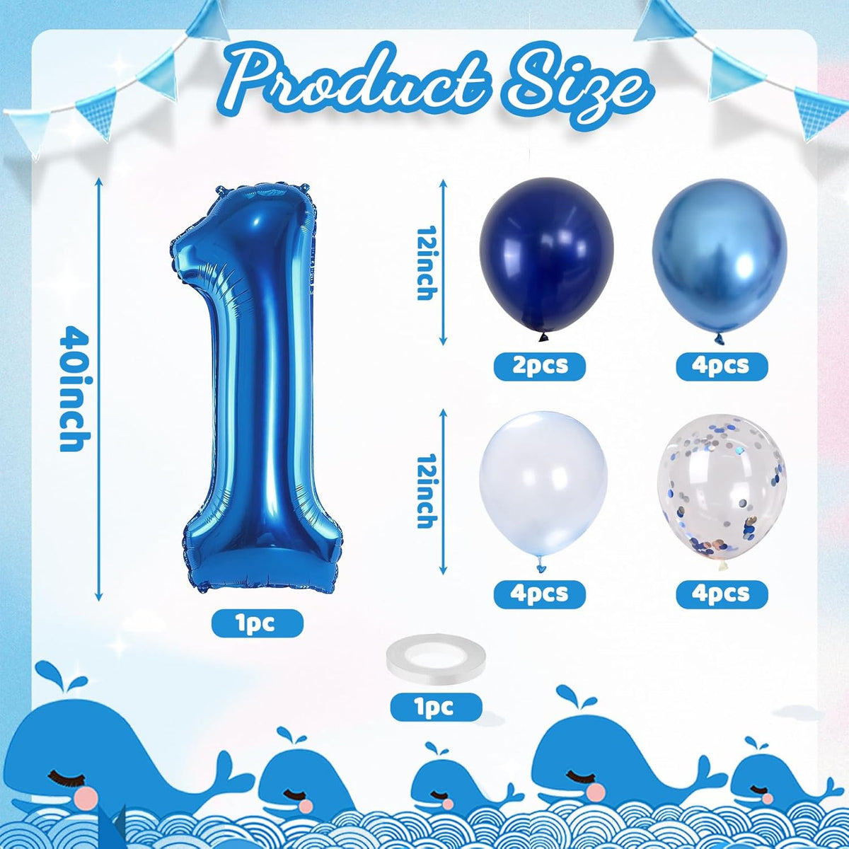 Dark Blue Number 1 Balloon 40 Inch, Large Balloon 1 with Metallic Light Navy Blue Silver Confetti