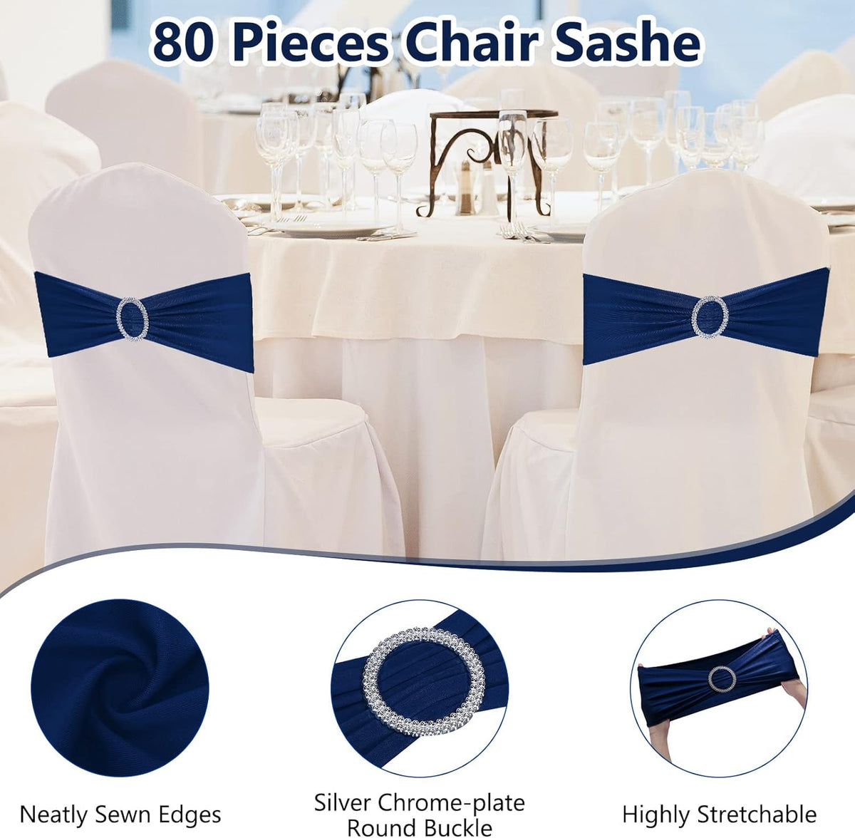 CHENGU 150 Pieces Spandex Stretch Chair Sashes Bows Elastic Chair Cover Bands Ties with Buckle