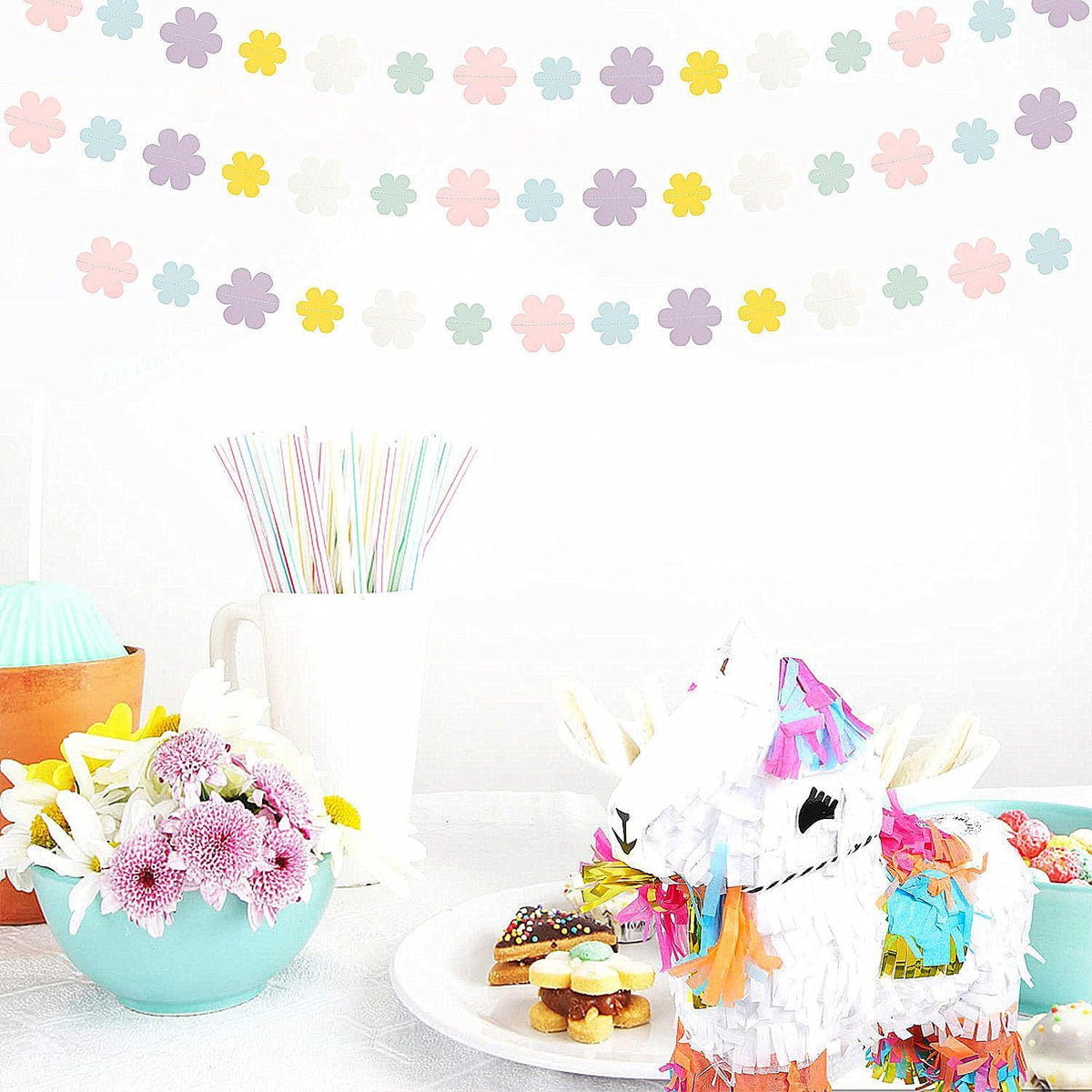 Pastel-Rainbow Colorful Party-Decorations Streamers-Garland - 52ft Flower Hanging Paper Banner