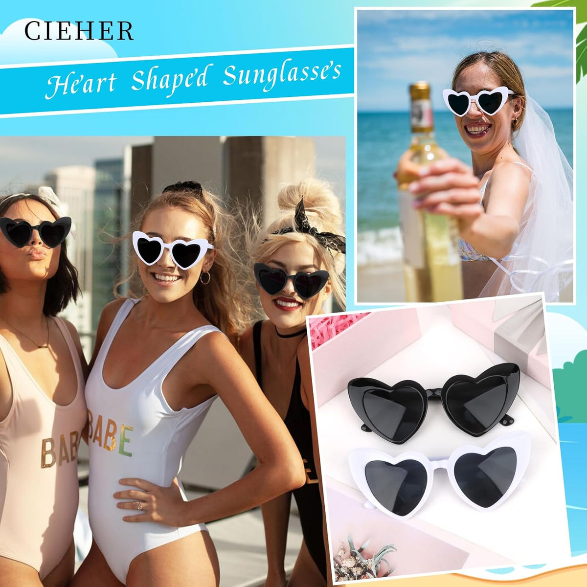 CIEHER Bachelorette Party Favors - White Black Heart Sunglasses for Bride Bridesmaid