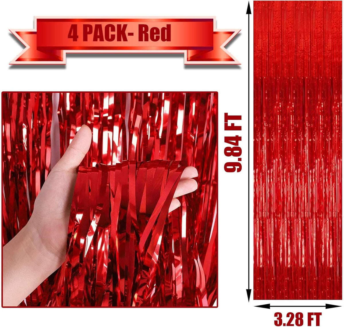4 Pack Red Foil Fringe Curtain Backdrop, 3.28Ft x 9.84Ft Metallic Tinsel Foil Fringe Streamers