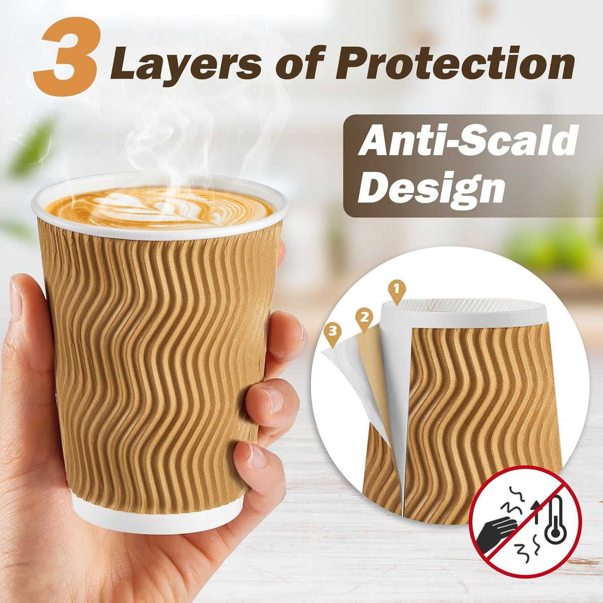 SIUQ 12 oz Coffee Cups-90 Pack Disposable Coffee Cups with Lids and Straws, Insulated Ripple Wall