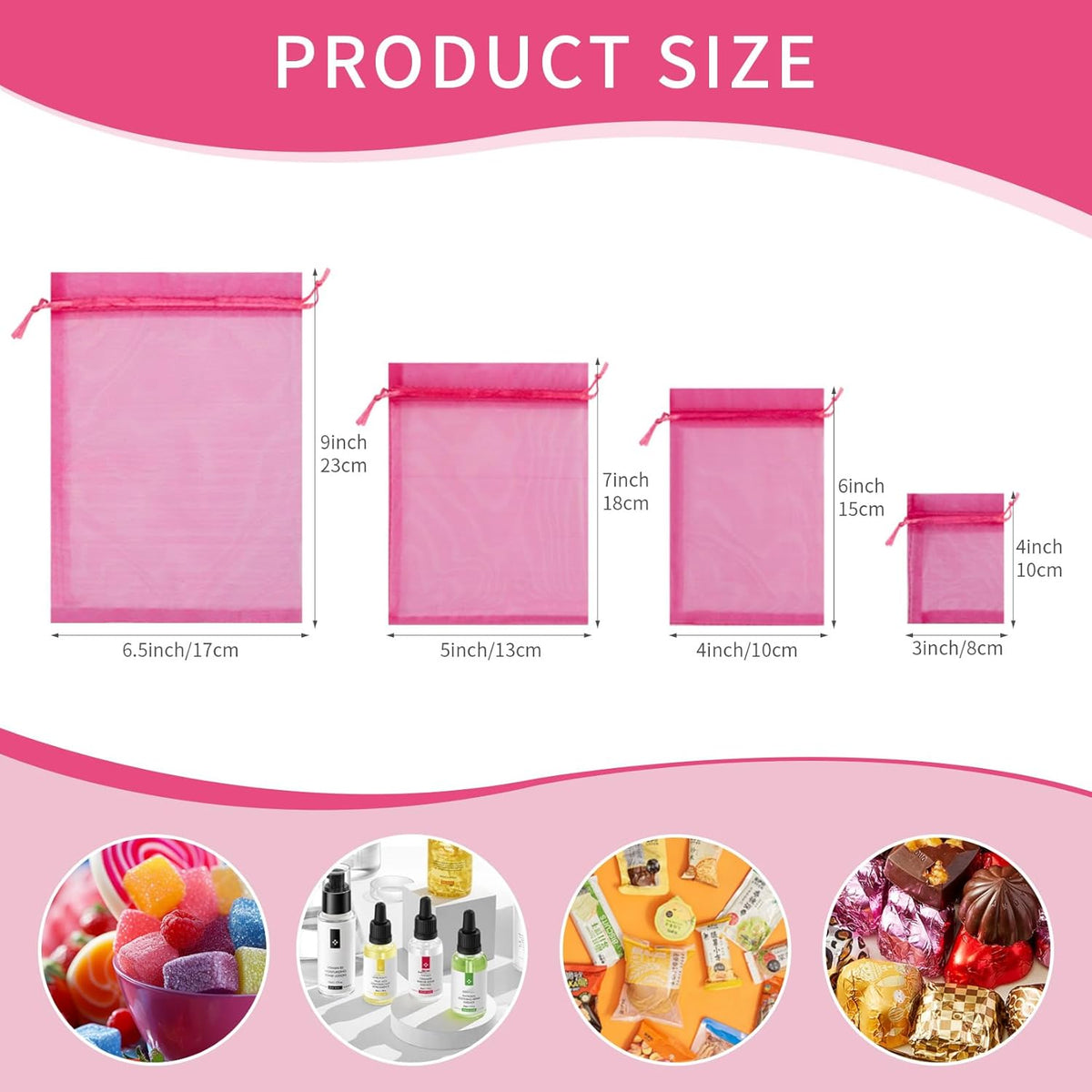 50 Pcs Hot Pink Organza Gift Bags 5x7 Inch, Small Mesh Bags Drawstring Jewelry Pouch Bags Goody