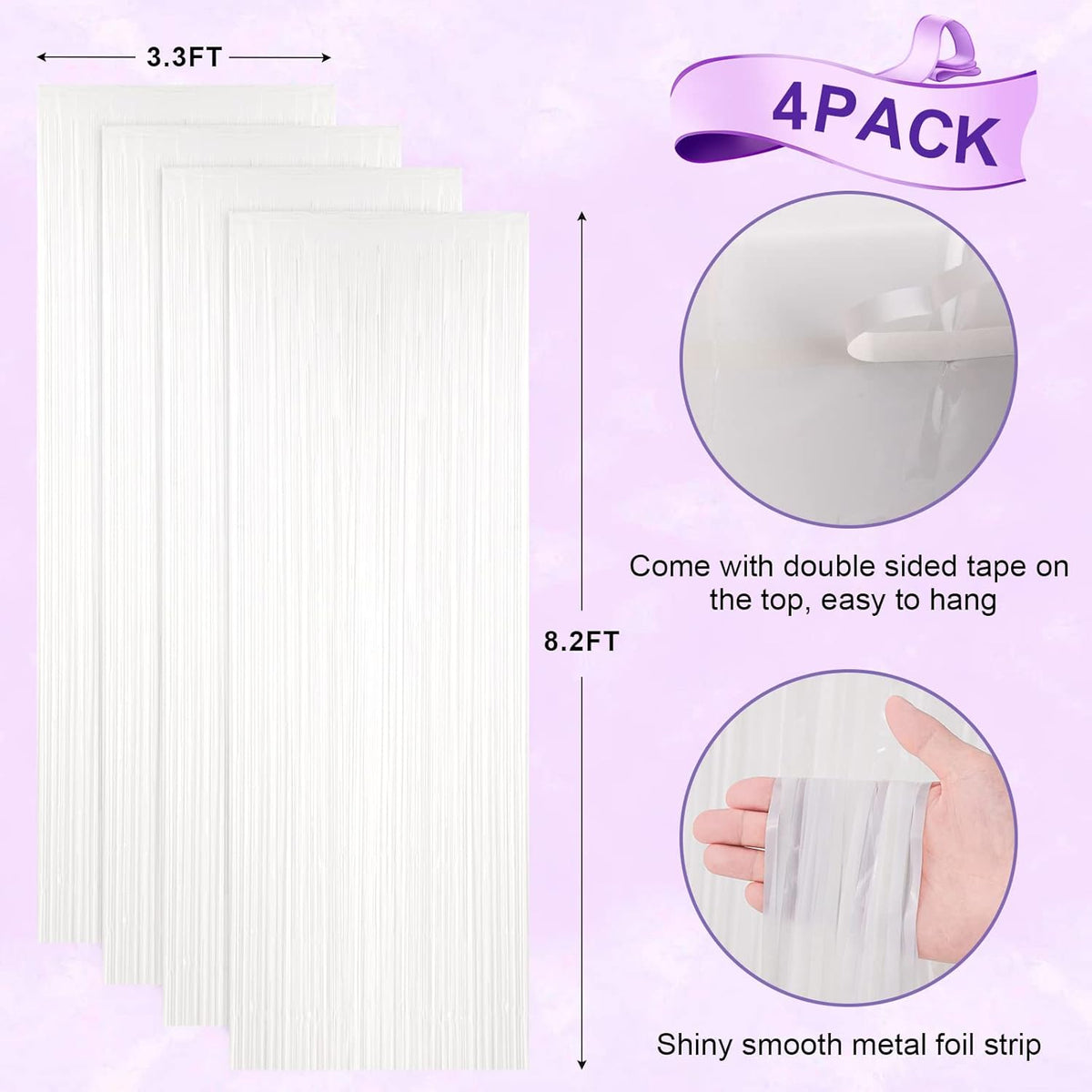 4 Pack White Foil Fringe Backdrop Curtains, Tinsel Streamers Birthday Party Decorations, Fringe