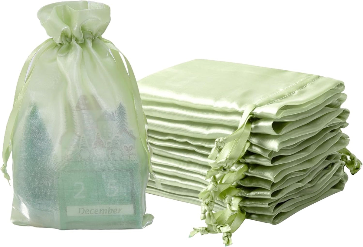 QIANF 20 Pcs Light Green Organza Bags 6X9 inch for Wedding Favors with Drawstring, Mesh Gift Bags