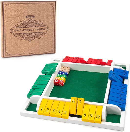 AMEROUS Shut The Box Dice Game-12 inches-Colorful Design-1-4 Players-12 Dice-Gift Package, Classic