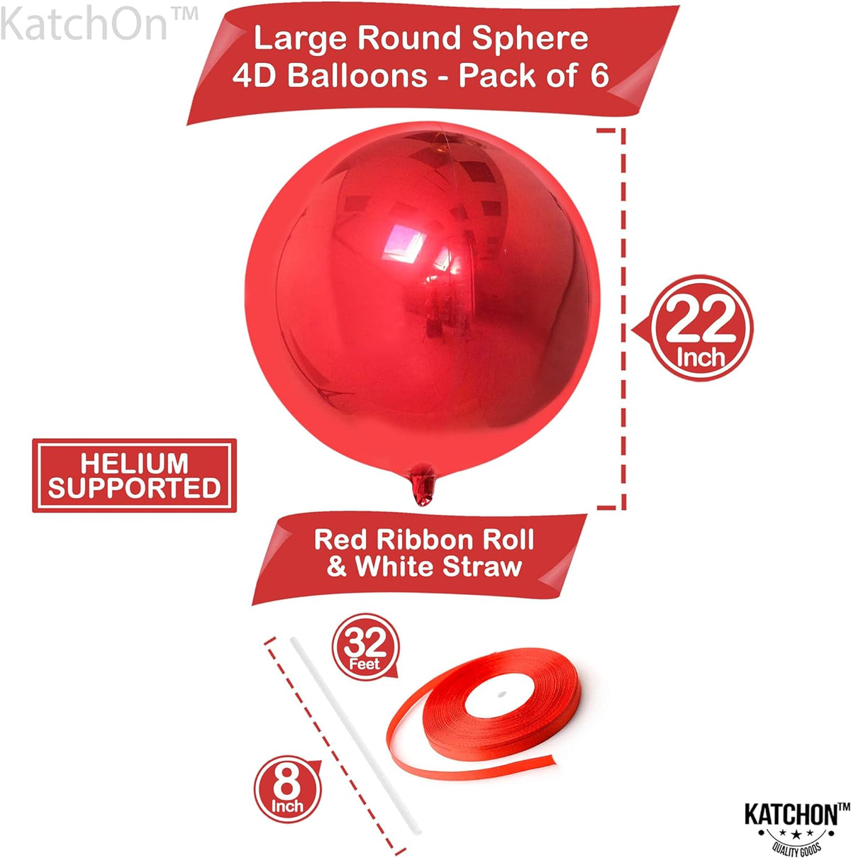 KatchOn, Red Foil Balloons - Big 22 Inch, Pack of 6 | 4D Sphere Metallic Red Balloons for Happy