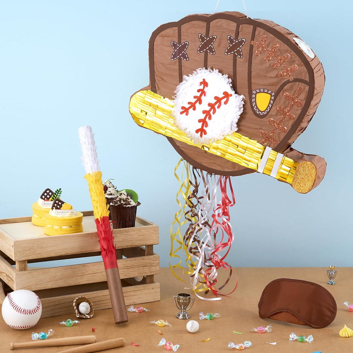 WERNNSAI Baseball Piñata - Baseball Piñata Bundle with Blindfold and Bat Sports Birthday Party