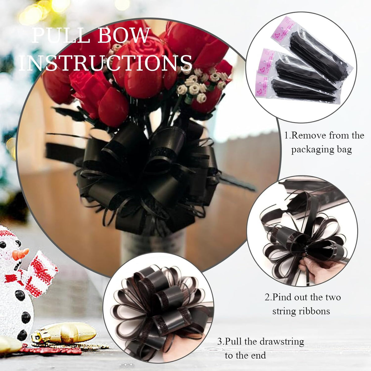 6 Pieces Large Pull Bows, 6 inches, Organza Fabric, Black, Wedding, Christmas, Birthday