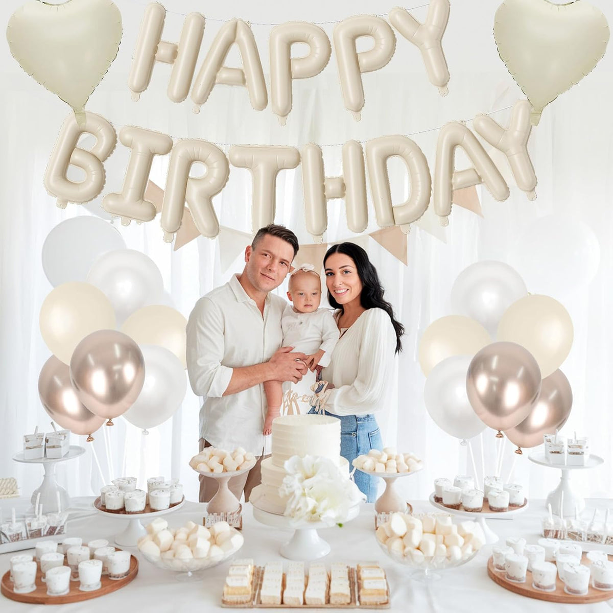 Happy Birthday Balloon Banner Cream, 16 Inch Beige Mylar Letters Heart Foil Balloons Pearl White