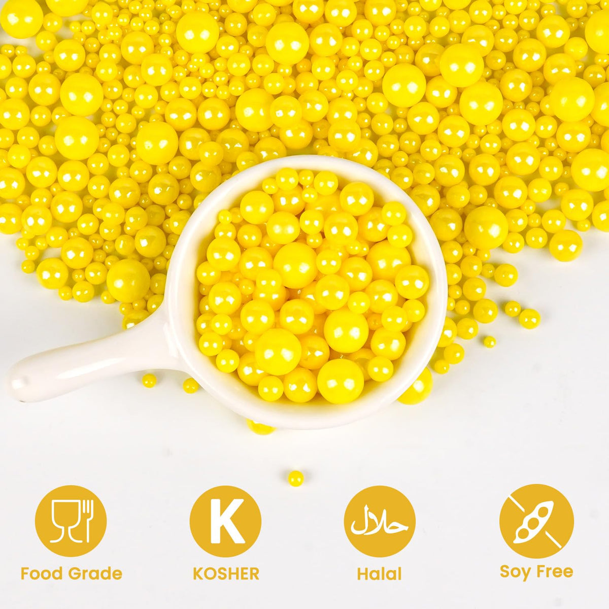 Yellow Pearl Sprinkles, Edible Sugar Pearls for Cake Decorating, 180g/6.35oz, Mix Size, Cake