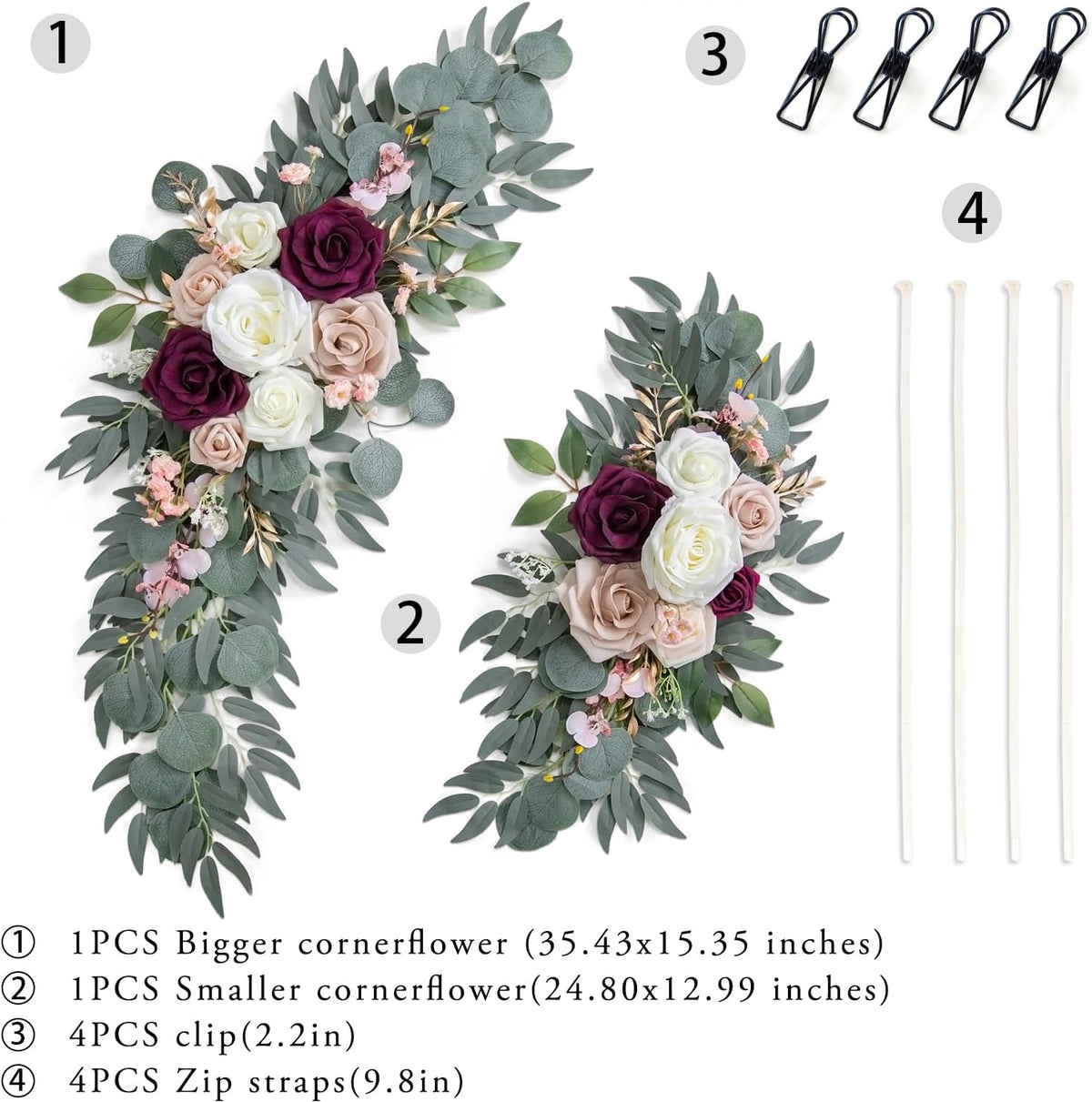Ponatia Wedding Arch Flowers (Pack of 2), Artificial Burgundy & Nude & Ivory Wedding Flowers for
