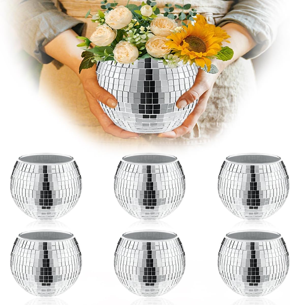 6 Pcs Disco Vase, Silver Mirror Ball Disco Ball Planter 5" X 6" Glass Silver Candle Holder White