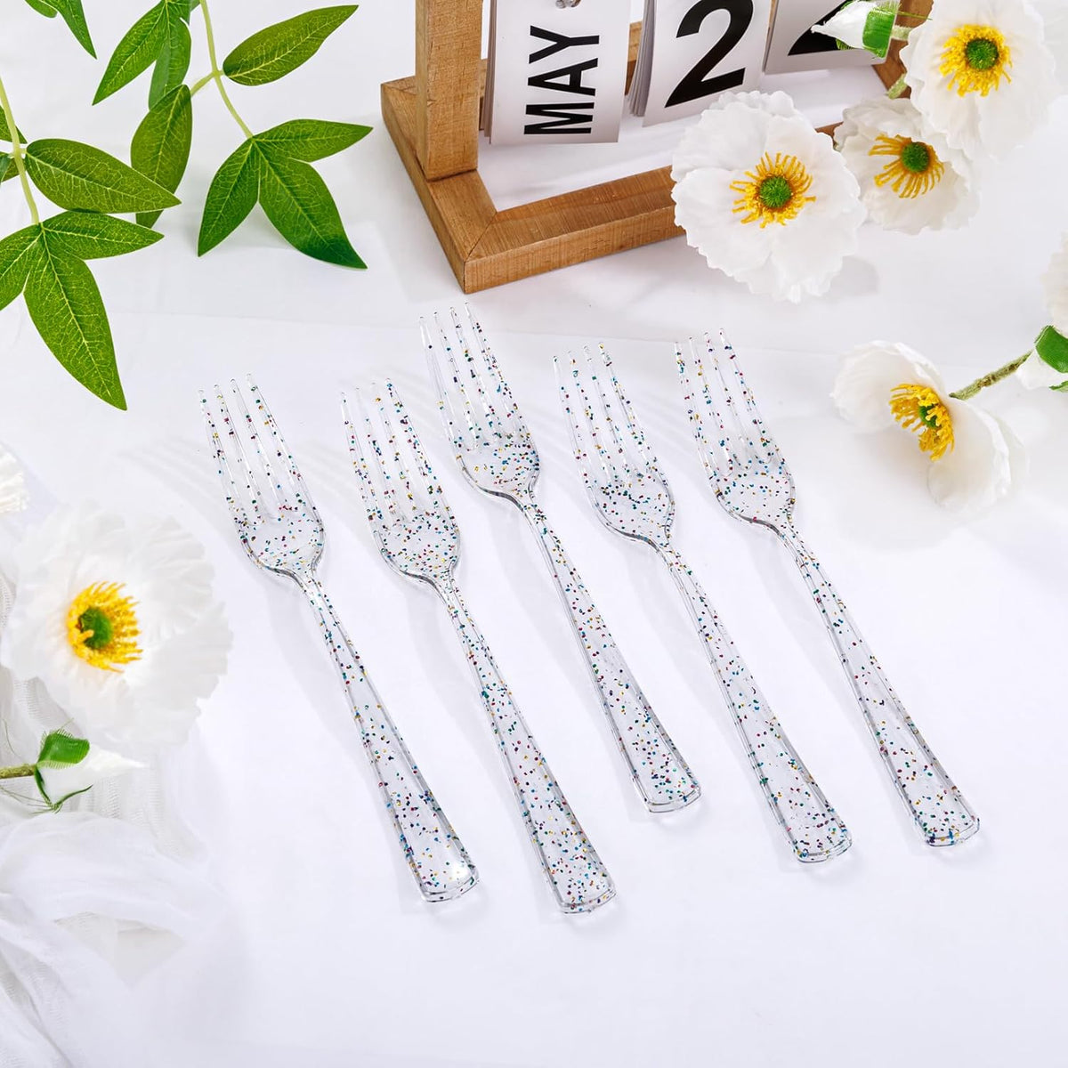 Supernal 360pcs Glitter Disposable Plastic Forks,Plastic Silverware Heavy Duty,Clear Plastic