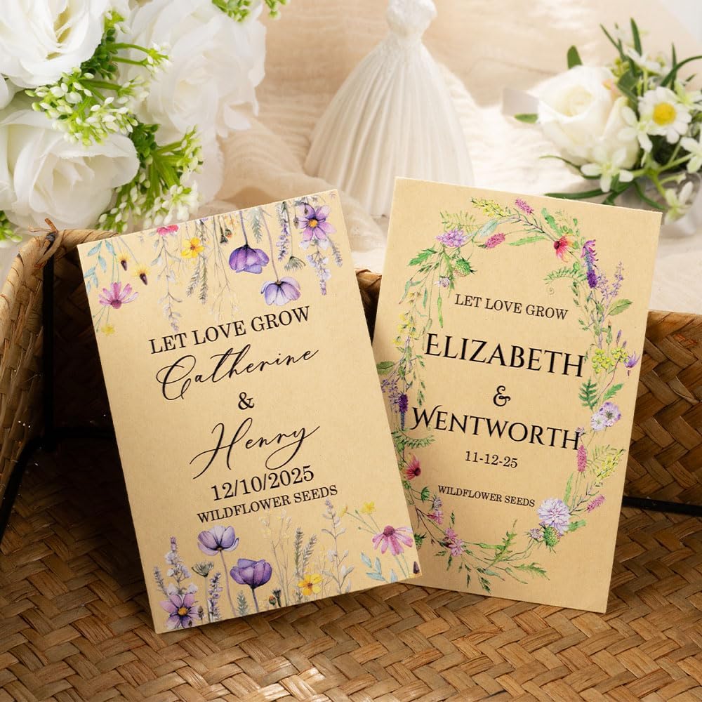 callie Personalized Wedding Seed Packet Favors, Custom Wildflower Seeds Storage with Name and Date