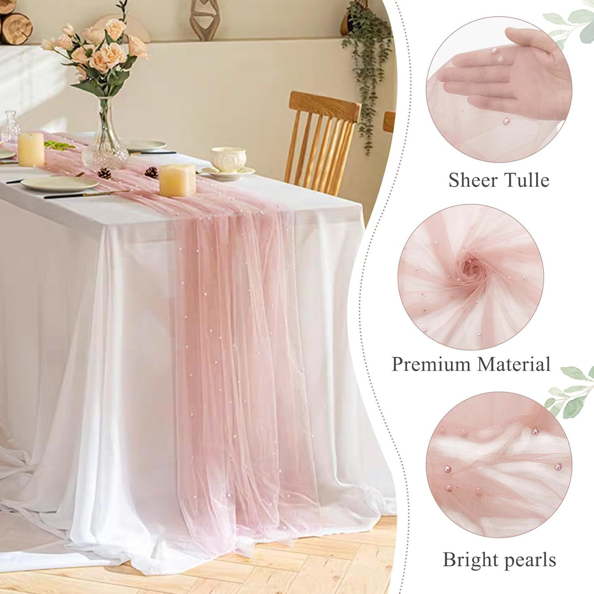 Pearl Table Runner 29 x 120 Inch Tulle Fabric Lace Table Runners Boho Rustic Tablecloth for Bridal