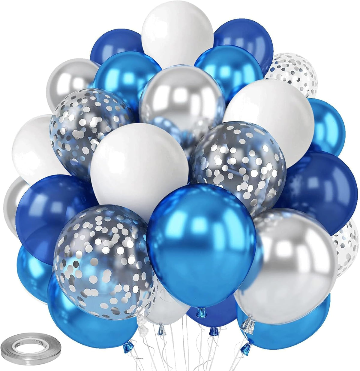 Blue White Silver Confetti Balloons, 50pcs 12 Inch Metallic Blue and Silver Balloons Clear White