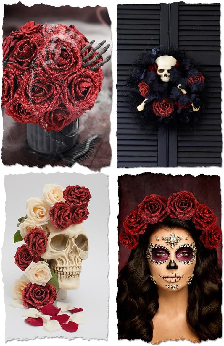 N&T NIETING Artificial Flowers Glowing Red Flowers Foam 50pcs Glitter Roses Real Looking Fake Roses