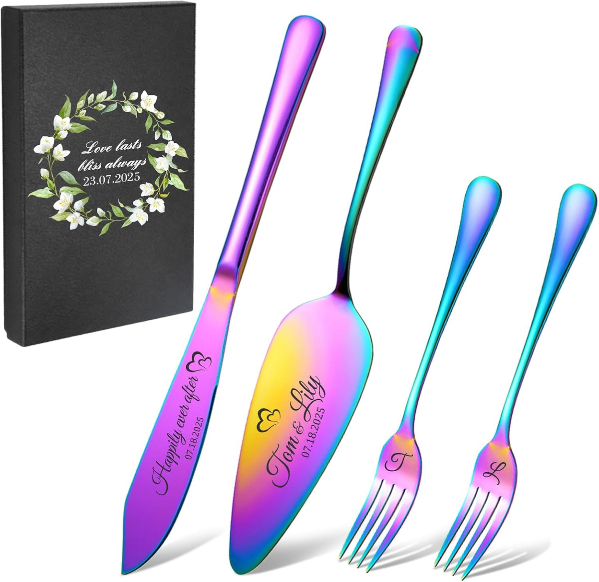 Personalized 4 Piece Wedding Cake Cutting Set, Custom Names Cake Knife and Server set with Forks