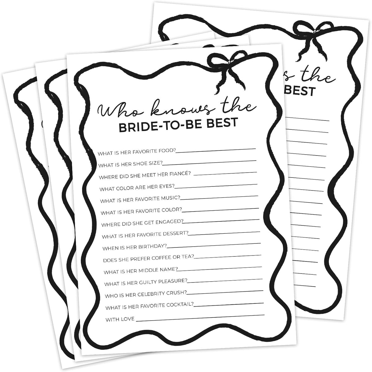 DEEKA 30 PCS Bridal Shower Games Card for 30 Guests Black Wavy Border Ribbon Bow Funny Wedding