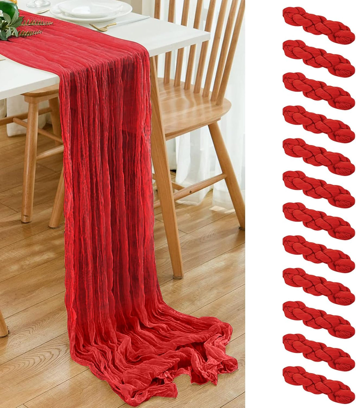 12 Pack Red 10 Ft Cheesecloth Table Runner 20x120 Inch Boho Wrinkled Sheer Romantic Gauze Decor for