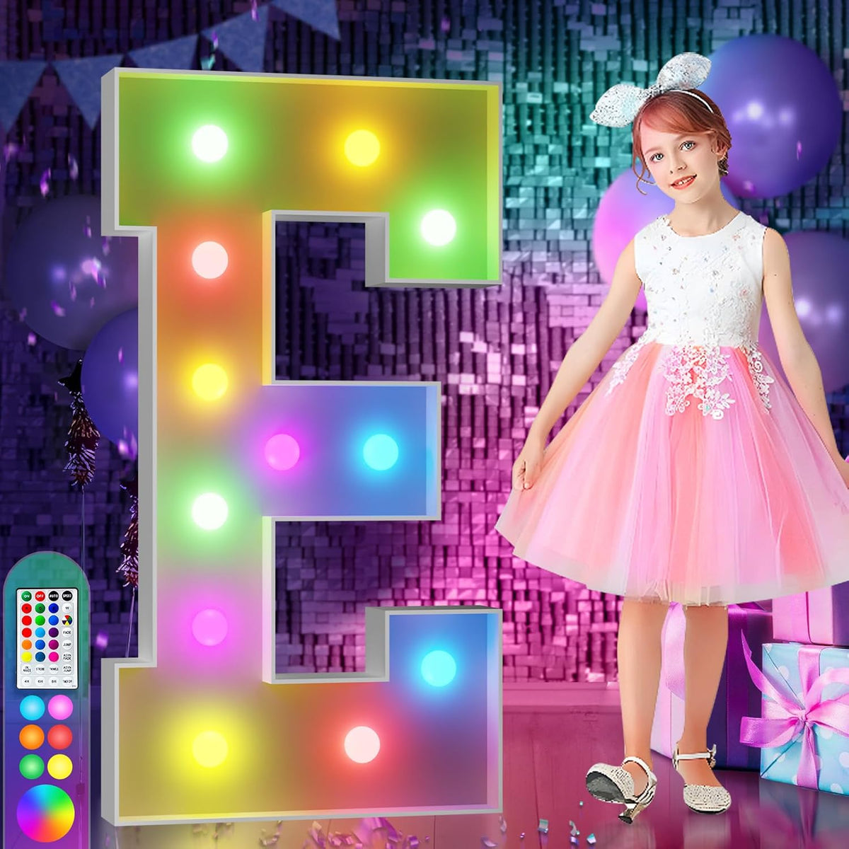 imprsv 4FT Colorful Marquee Light Up Letters E, 18 Colors Light Up Letters Alphabet Sign with