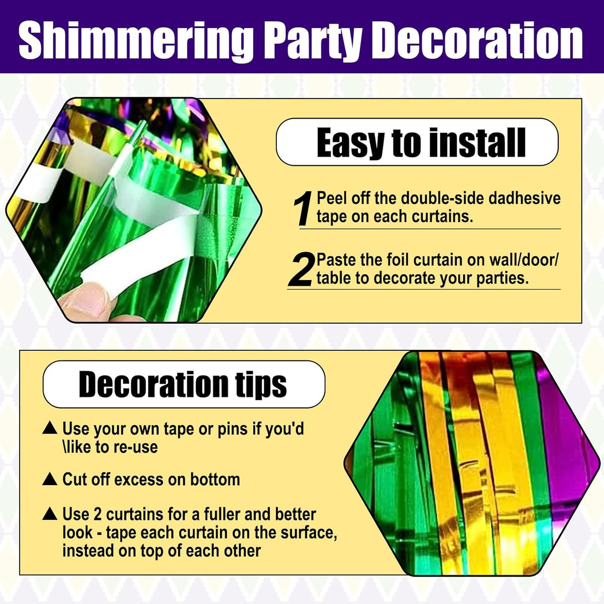 3 Pack Gold Green Purple Foil Fringe Curtain Backdrop, 3.28Ft x 8.2Ft Metallic Tinsel Foil Fringe