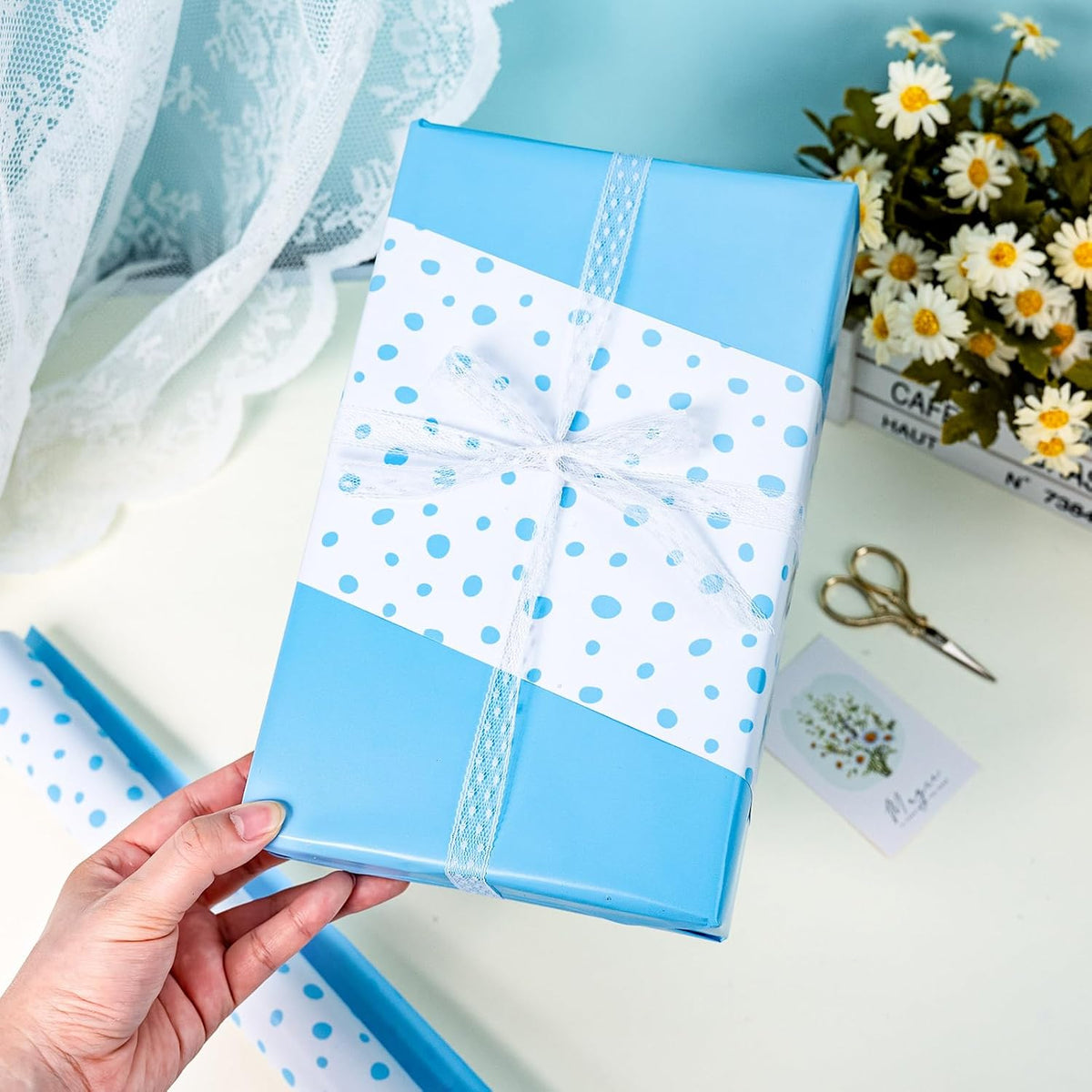Burymento Blue Lrregular Wave Point Wrapping Paper, Reversible Gold Gift Wrap for Birthday