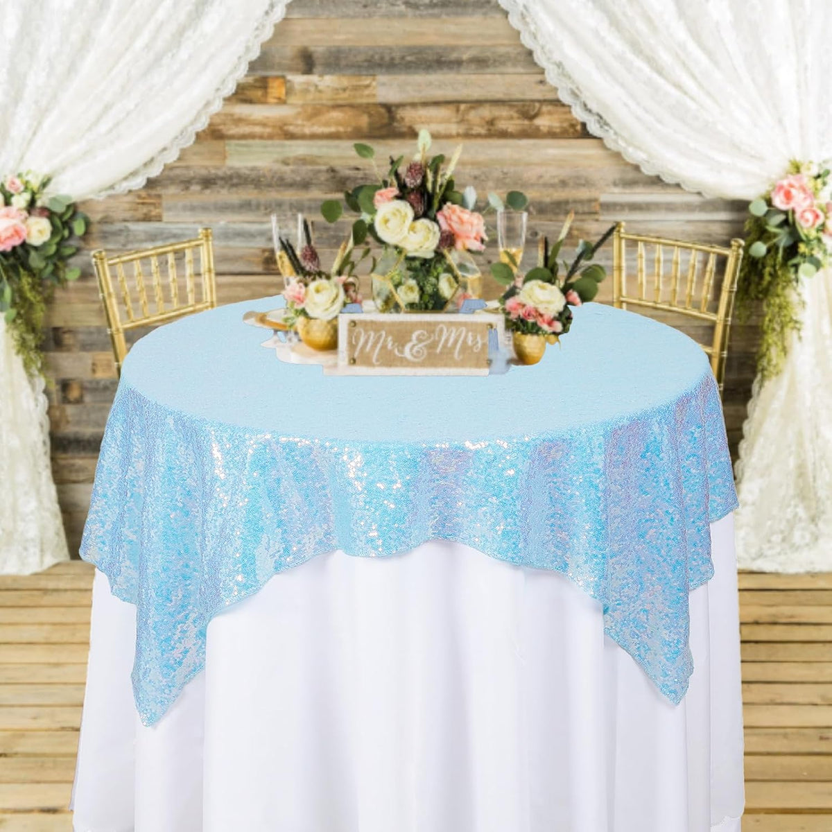 ShinyBeauty Iridescent Aqua Sequin Tablecloth Square Overlay Aqua Blue Tablecloth Cover Glitter
