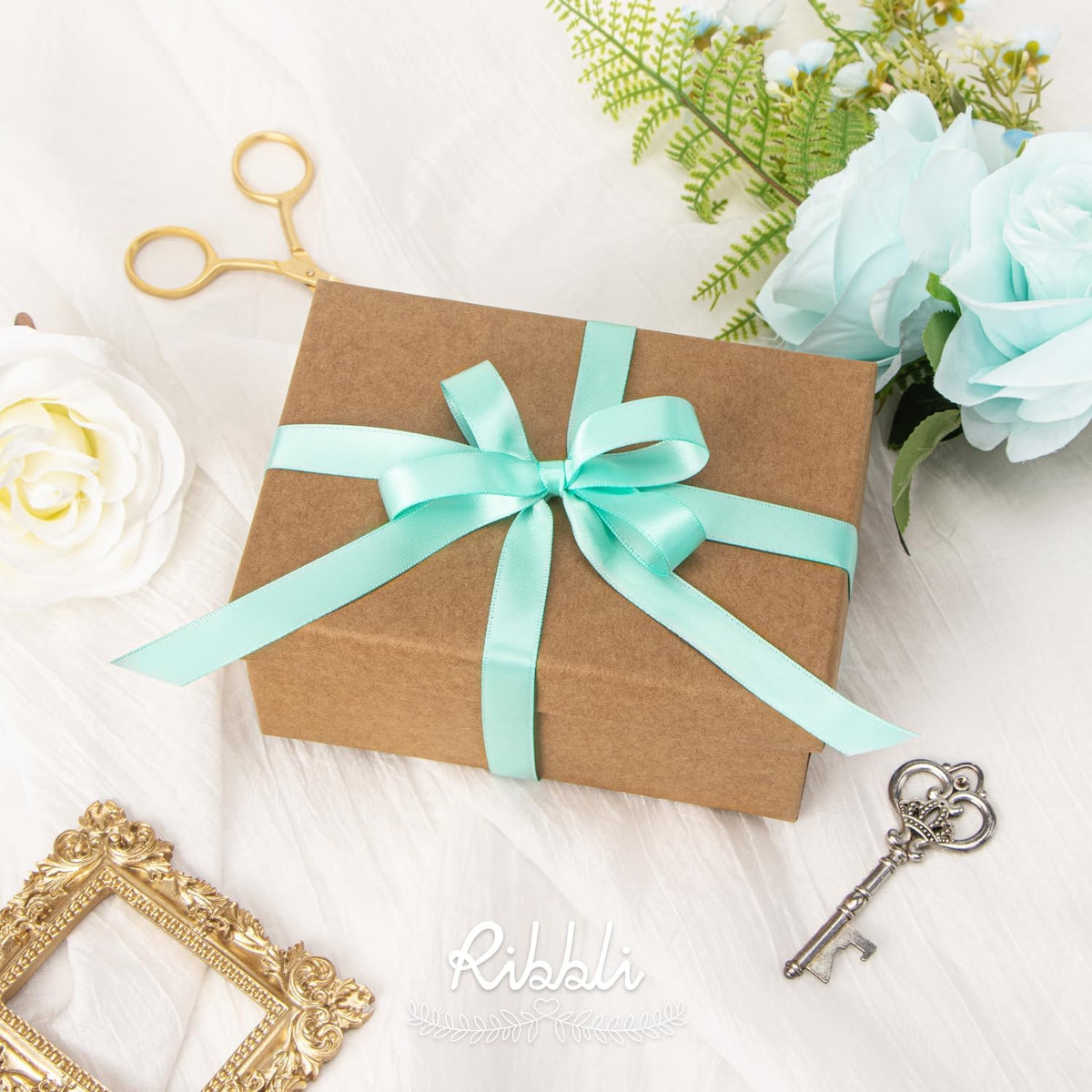 Ribbli Aqua Blue Double Faced Satin Ribbon,1/2” x Continuous 25 Yards,Use for Bows Bouquet,Gift