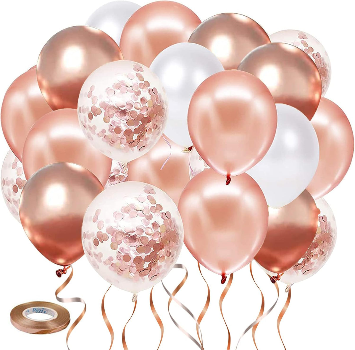 Rose Gold Confetti Balloons, 50pcs 12 Inch Metallic Confetti White and Rose Gold Latex Balloons