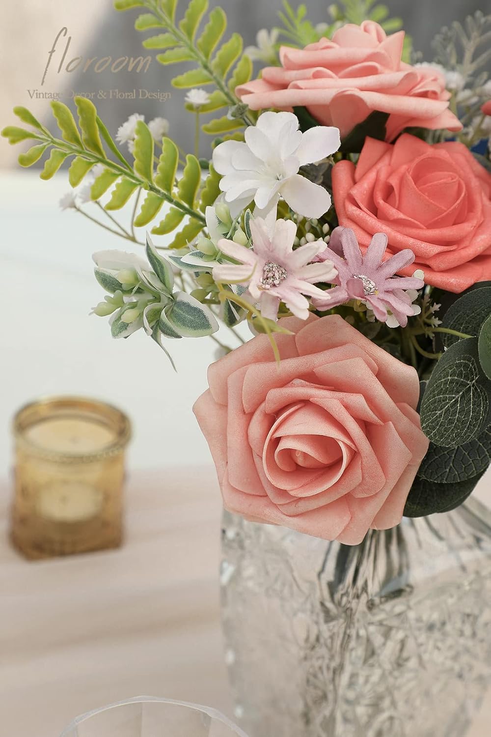 Floroom Artificial Flowers 50pcs Real Looking Mixed Living Coral Foam Fake Roses with Stems for DIY
