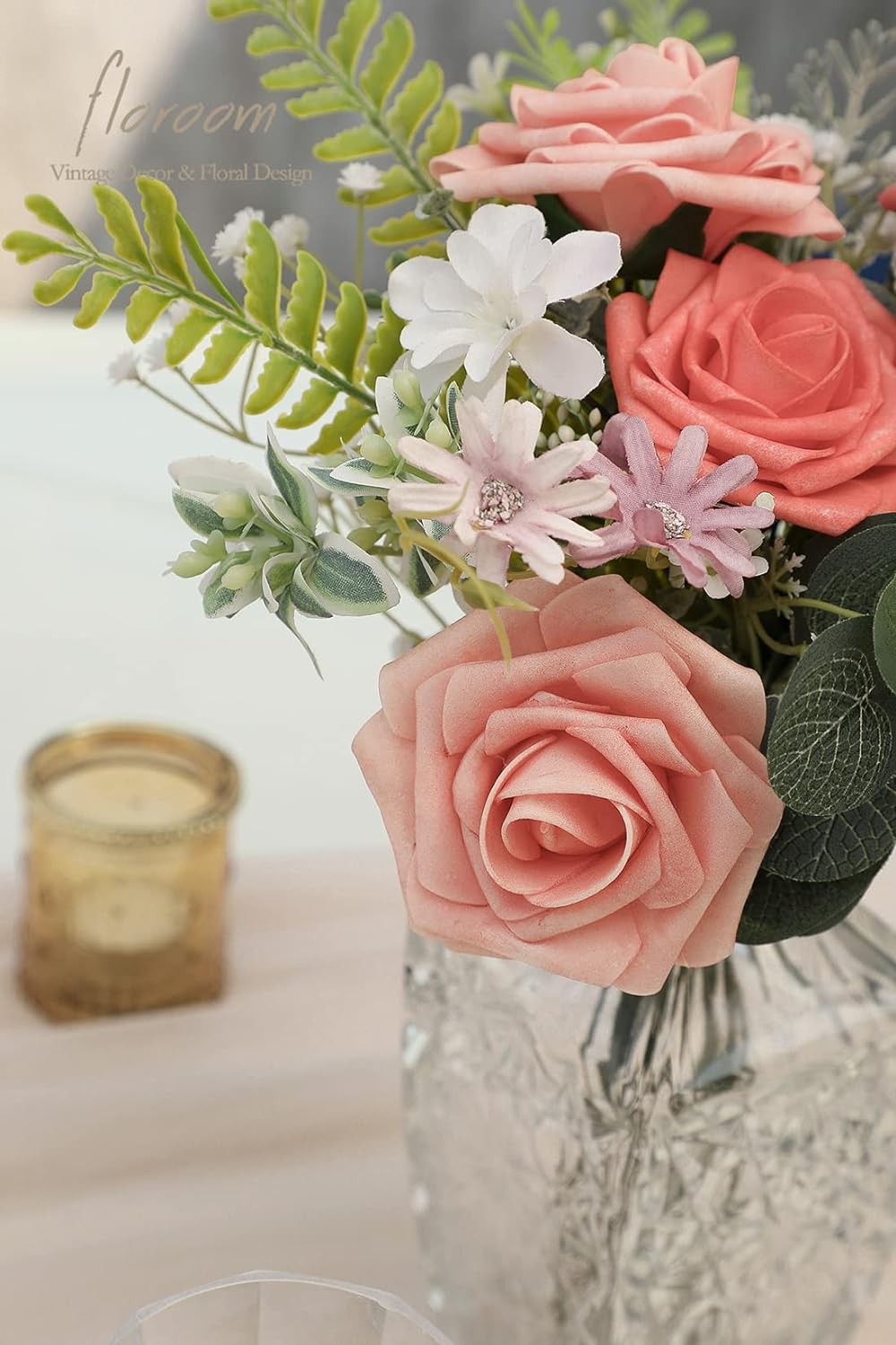 Floroom Artificial Flowers 25pcs Real Looking Coral Ombre Colors Foam Fake Roses with Stems for DIY