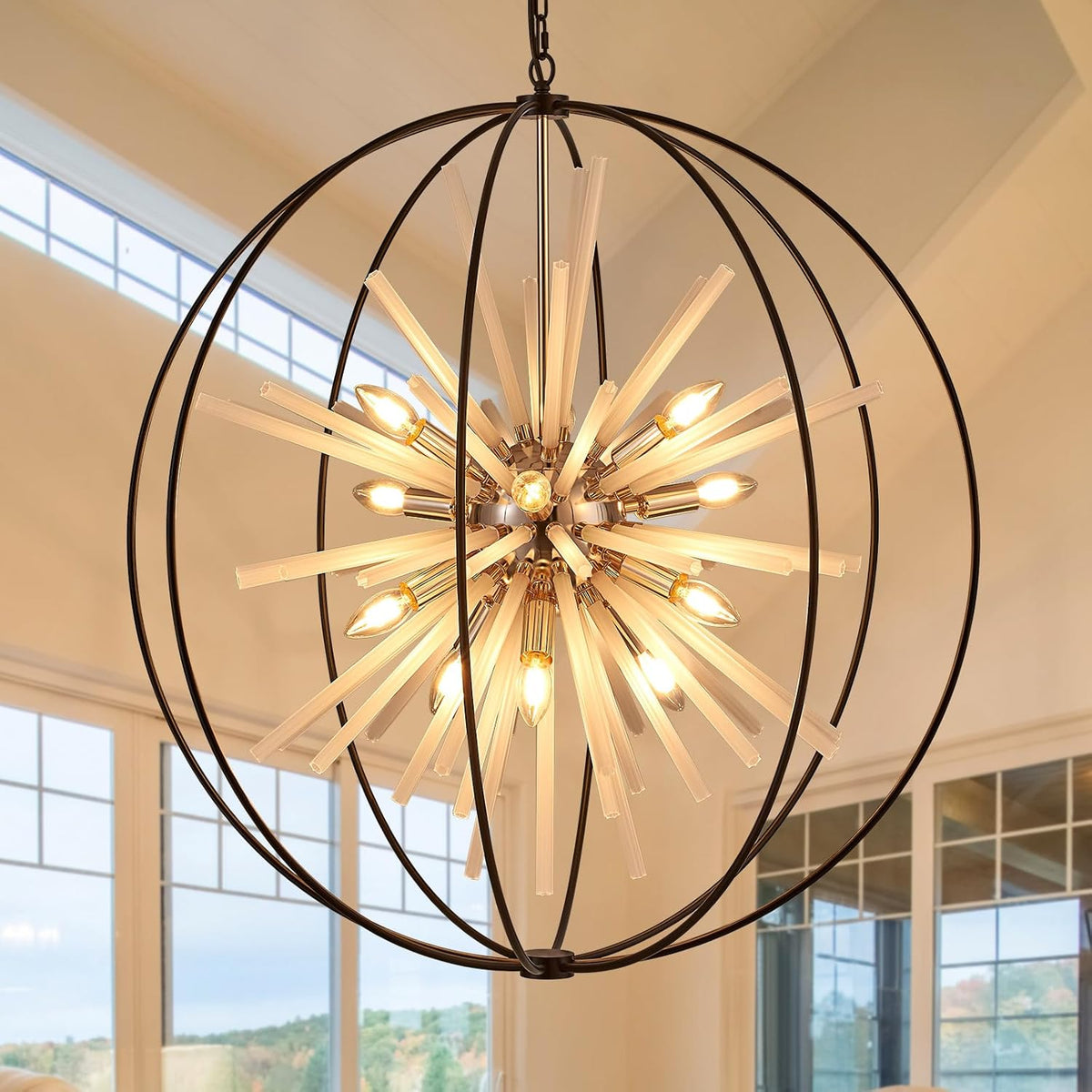 31.5" Black Gold 16-Light Globe Sputnik Chandelier Modern Industrial Adjustable Hanging Ceiling