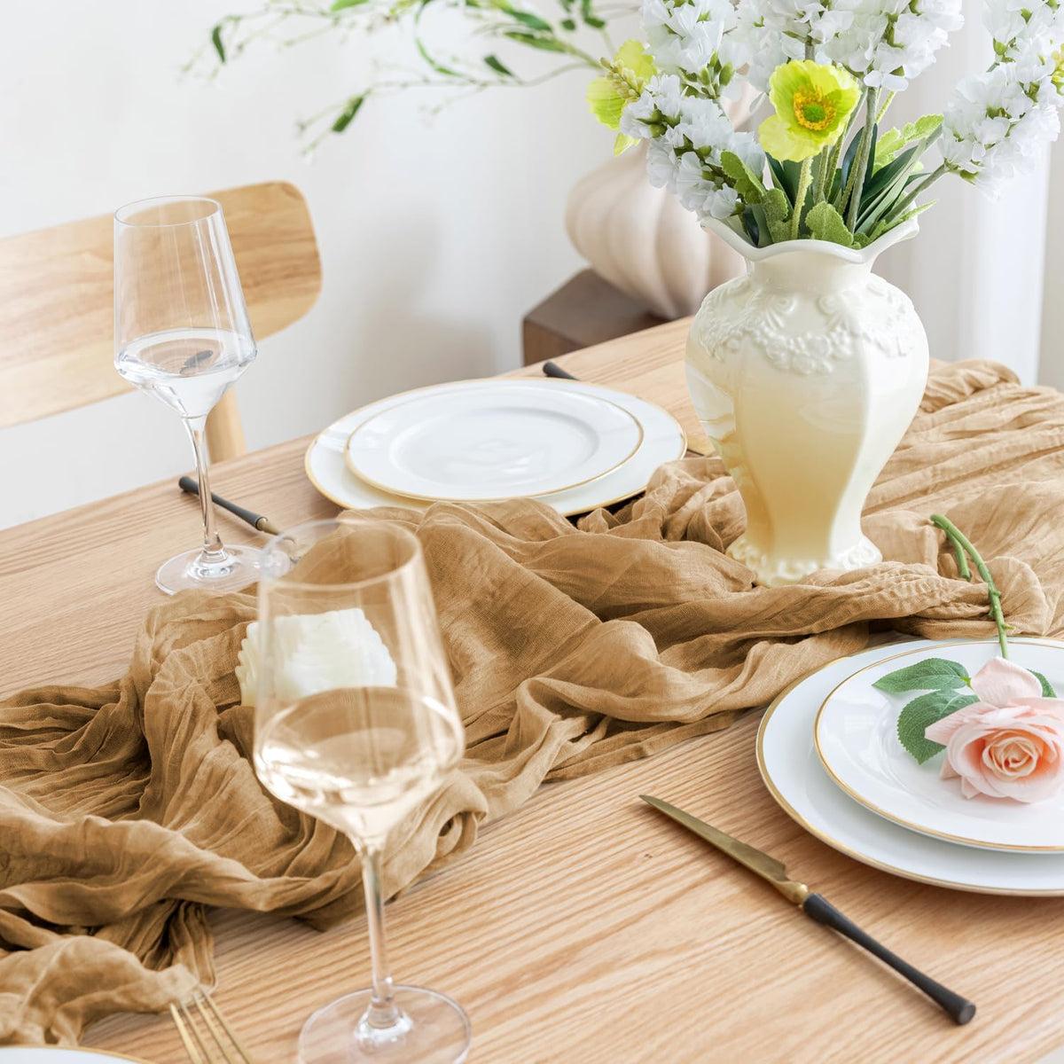Asee'm 12pcs Cheesecloth Table Runner 120 Inches Long Khaki Boho Gauze Cheese Cloth Runner 10FT
