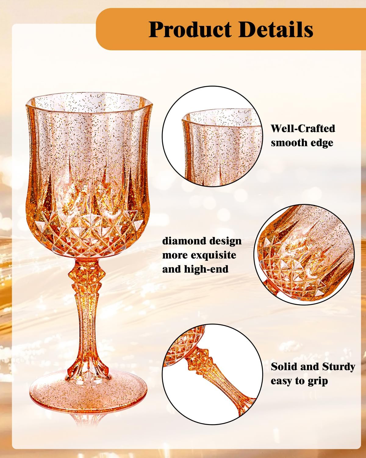 Ciaell 24PCS Rose Gold with Glitter Plastic Wine Glasses - 7 Oz Vintage Drinking Glasses with Rose