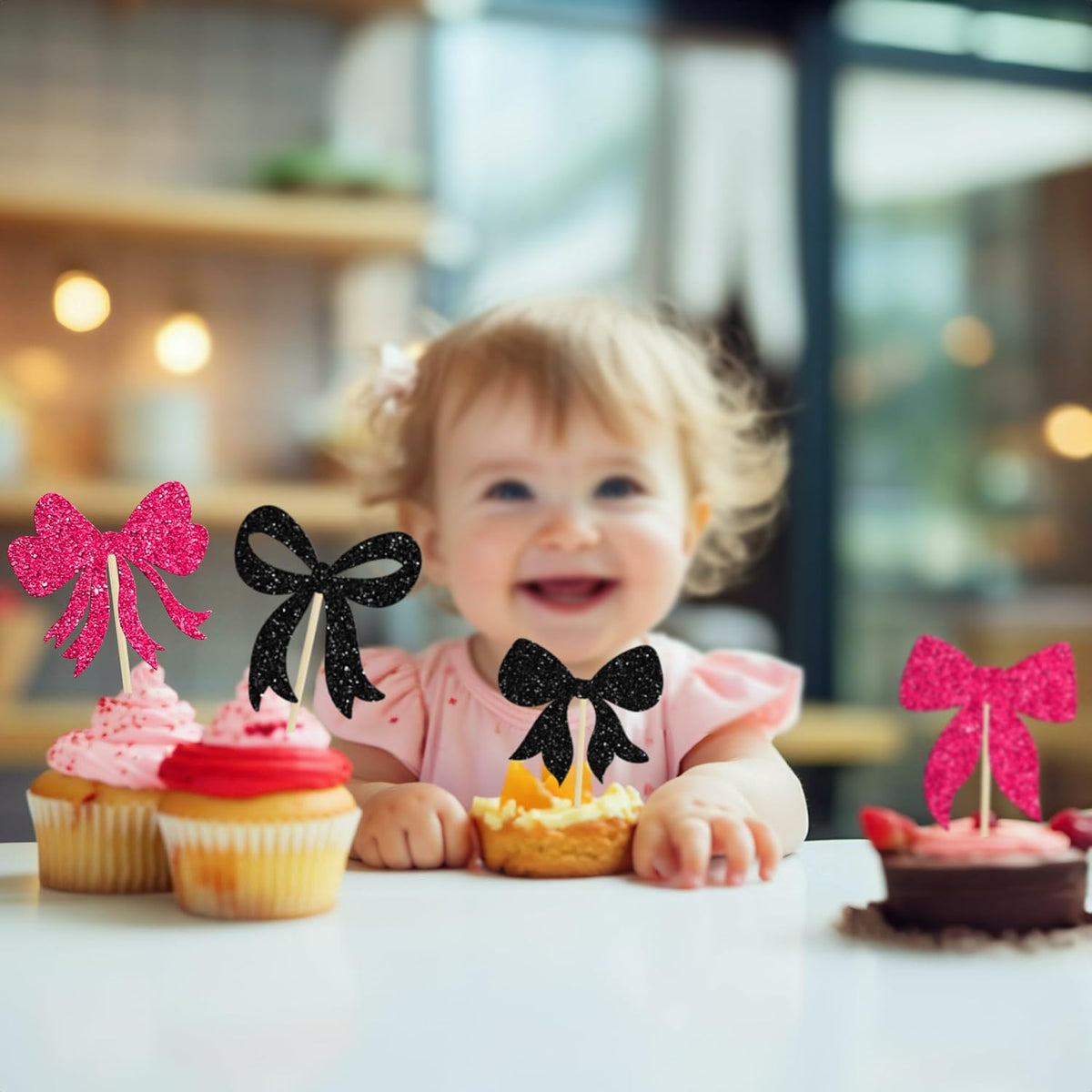 Gyufise 36Pcs Bow Cupcake Toppers Glitter Bowknot Cupcake Picks Bow Tie Birthday Decorations Bow