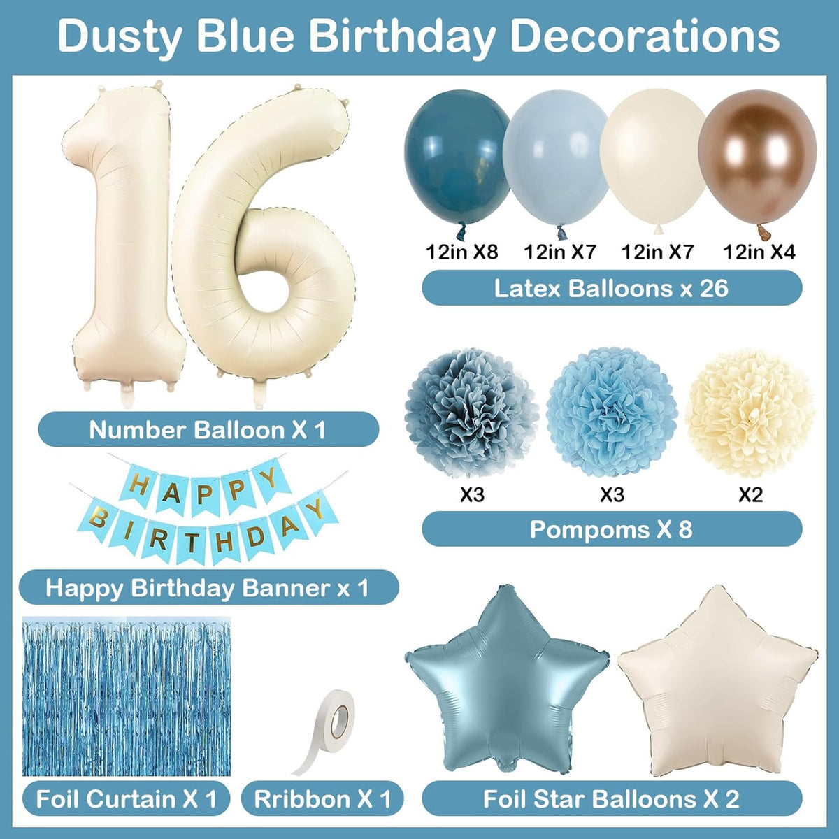Dusty Blue 16th Birthday Party Decorations Boys Girls Beige Cream Number 16 Balloon with Blue Gold